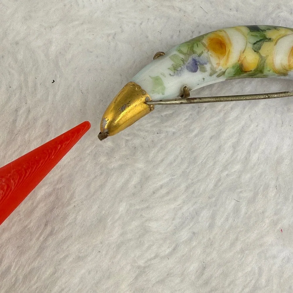 Vintage Victorian Hand Painted Porcelain Brooch Crescent Moon Yellow Rose Floral